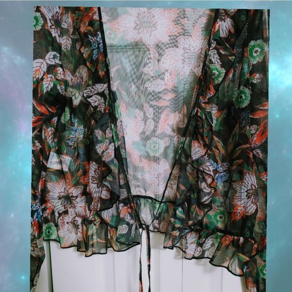 Floral Sheer Blouse - Black, Green, Orange - Picture 8 of 11